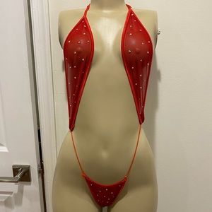 Red sheer rhinestone one piece exotic dance stripper outfit